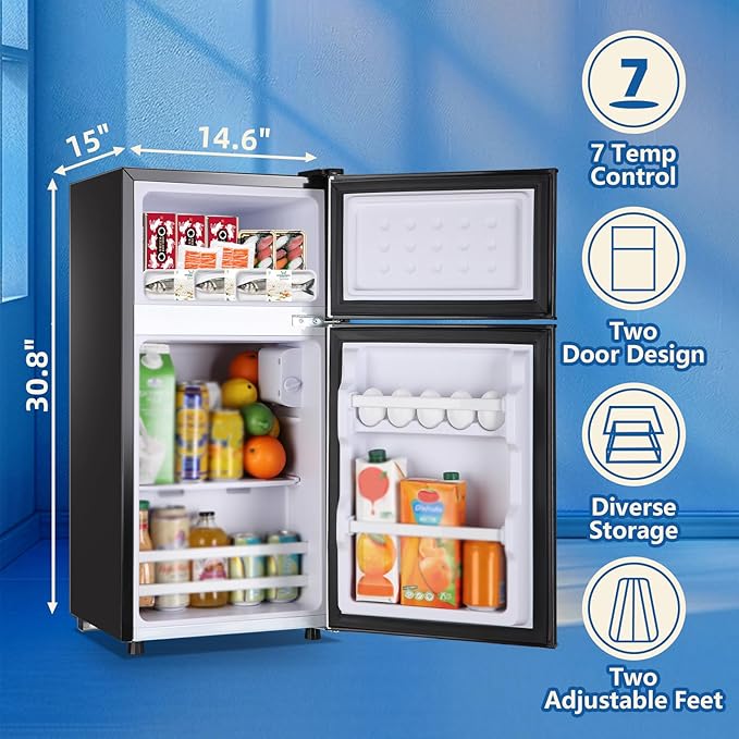 Tniy Personal Capacity Black Refrigerator with Freezer Double Door Mini Fridge Small Apartment Refrigerator with 7 Adjustable Temp Control