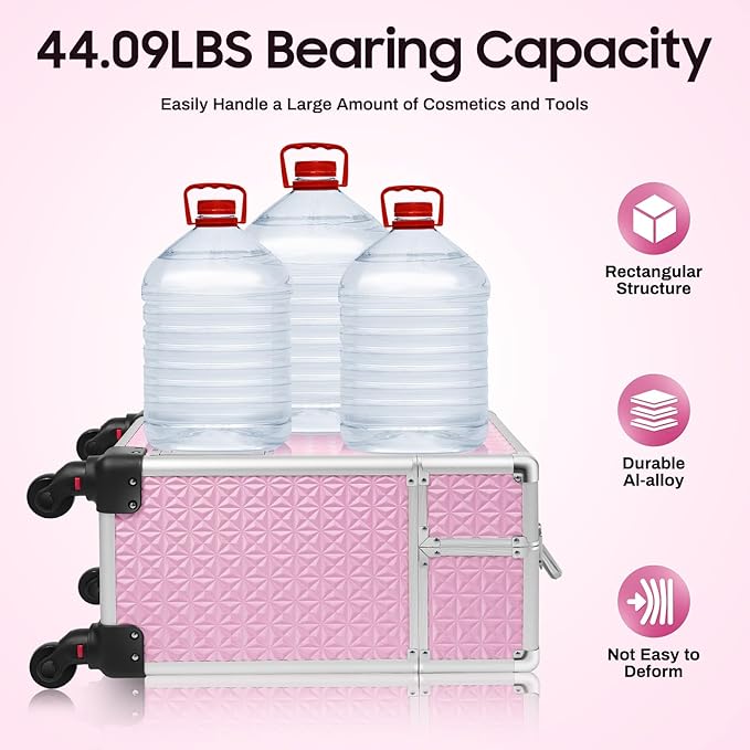 Rolling Makeup Train Case with Drawers, Portable Rolling Makeup Cart with Wheels, Pink Cosmetology Storage Cart with 6 Compartments for Makeup Artists, Hairdressers, Pet Groomers