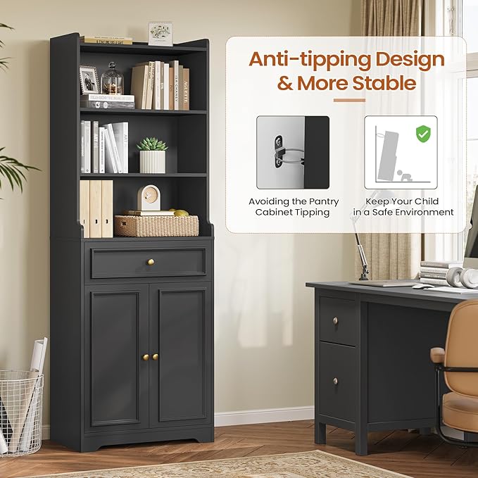 DICTAC Bookcase Set of 2 with Drawer and Doors 73.23''Tall Bookshelf with Storage Shelves Freestanding Storage Cabinet with Microwave Space storage Organizer for Home Office,Living Room,Bathroom,Black