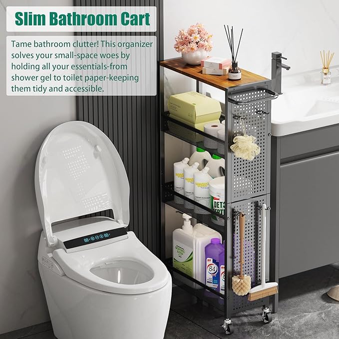 Slim Rolling Storage Cart with Wheels, 4-Tier Metal Utility Cart with Handle & Wood Top, Small Mobile Organizer Shelf Unit for Laundry Room, Kitchen, Bathroom, Office, Narrow Space