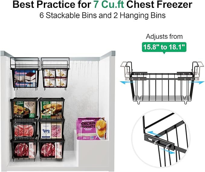 iSPECLE Chest Freezer Organizer Bins 8 Pack - Fit 7 Cu.Ft Deep Freezer, 2 Adjustable Hanging Baskets and 6 Pack Stackable Freezer Bins, Deep Freezer Organizer Bins Sort Frozen Food, Black