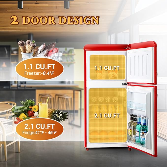 Retro Mini Fridge, 3.2 Cu. Ft. Small Refrigerator with Freezer Retro Style with 7-Level Adjustable Thermostat, Compact Vintage 2-Door Fridge for Apartments, Dorm, Office, Red
