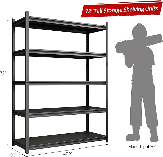Metal Garage Shelving, Adjustable 5-Tier Heavy Duty Shelving, 3000 LBS Garage Shelving Unit and Storage，Heavy Duty Shelves for Basement,Warehouse，Kitchen (19.7" D*47.2" W*72" H)