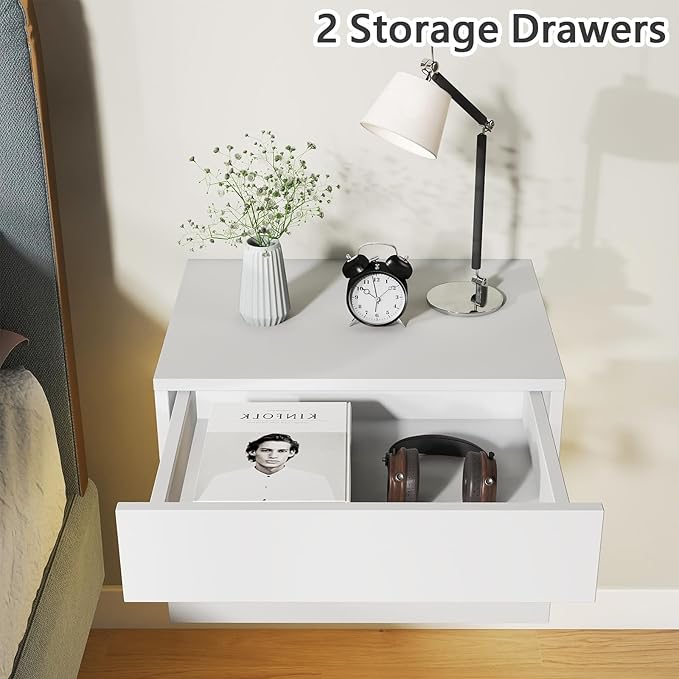 Floating Nightstand Set of 2,Modern Bedside Tables with LED Light for Bedroom,Small Night Stands with Drawers, Wall Mounted End SideTables Set for Living Room