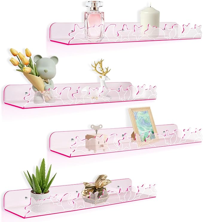 Floating Shelves for Wall,4 Pack 15.7’’x 3.5’’Adhesive Acrylic Shelves Organizer for Book Toy Photo Makeup,Wall-Mounted Kids Storage for Bathroom,Bedroom,Nursery,Pink Star and Moon