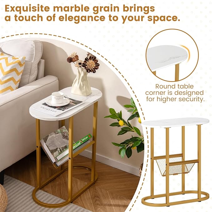 Tangkula Oval Narrow Side Table, 2-Tier End Table w/Mesh Magazine Rack, Steel Frame, Industrial Nightstand, Compact Sofa Bedside Table for Living Room Bedroom, White & Gold
