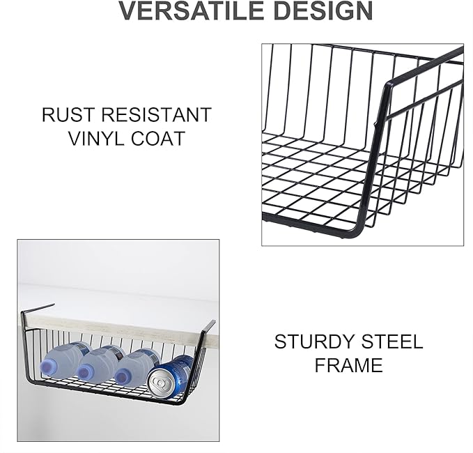 Undershelf Storage Basket Under Shelf Wire Basket Household Metal Under Shelf Hanging Storage Bin Basket Slides Under Shelves for Storage Space Saving for Kitchen Pantry Bookshelf (Medium, 2 PCS)