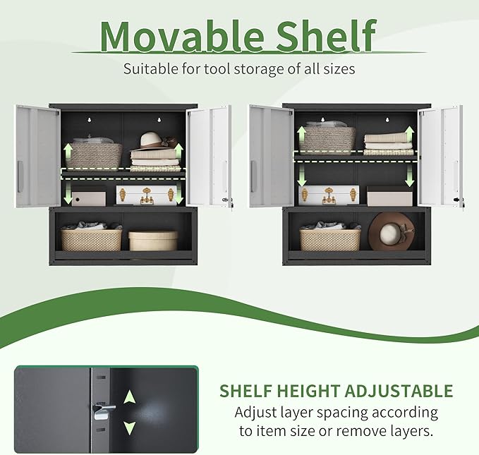 Metal Wall Cabinet, Garage Wall Cabinet with Adjustable Shelf for Garage, Tool Room, Kitchen, Assembly Required(Black and Gray)