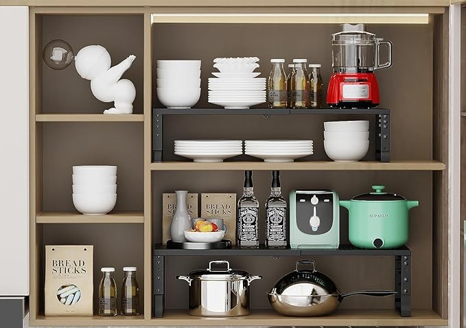 Expandable Cabinet Shelf Organizer Storage Spice Rack Shelves for Kitchen Stackable Adjustable Pantry Cupboard Bathroom Countertop Desktop(1Pack/Black/Large-with Hole)