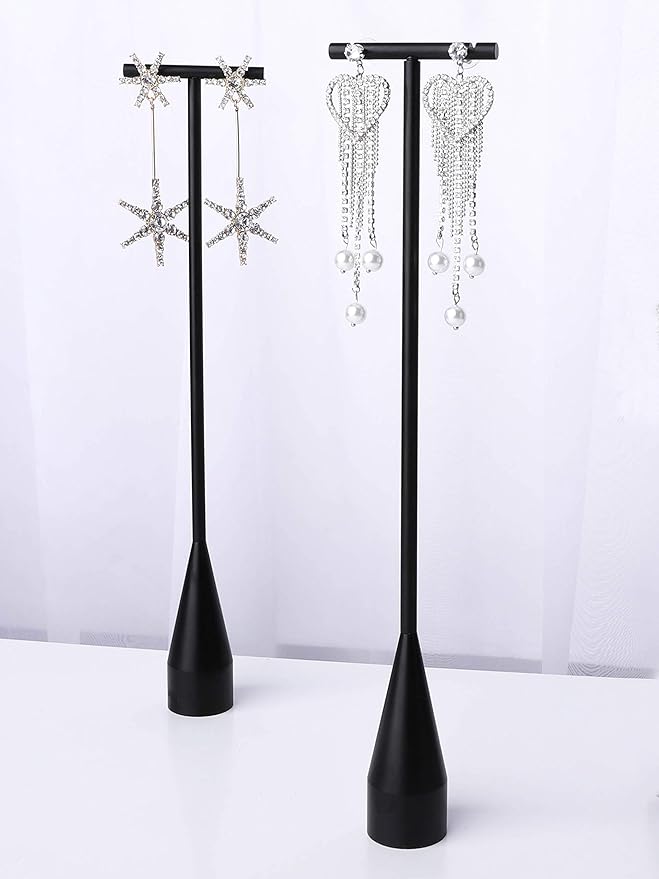 GemeShou 2pcs Black earring display T bar stand, Big jewelry earring holders for Boutique Store, Jewelry holders high enough for long earring necklace【Black-2pcs Height 7.9" and 11"】