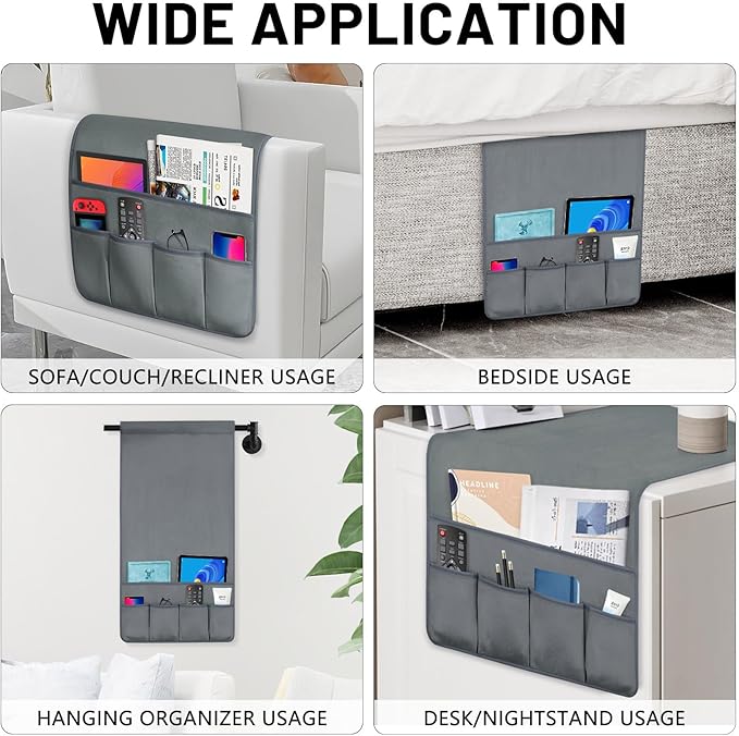 TV Remote Control Holder Couch Caddy, Non-slip Bedside Caddy Organizer with 5 Pockets for Key Glasses Phone Magazine Holders (Gray, 35''x18'')