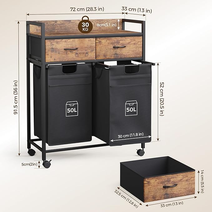 Laundry Hamper baskets 2 Section with 2 Drawers, 100L Laundry Sorter with Wheels Pull-Out Removable Laundry Bags, Rustic Brown and Black