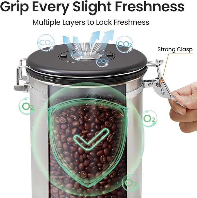 Veken Coffee Canister, 39OZ Large, Airtight Stainless Steel Food Storage Container for 2.2lbs Coffee Beans, Ground, Sugar, Tea, Flour, Cereal, Kitchen Bar Accessories with Date Tracker & Scoop, Silver