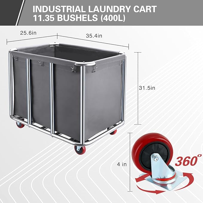 Commercial Laundry Cart with Wheels,400L Large Industrial Laundry Cart,Commercial Laundry Basket with Sturdy Steel Frame and Oxford Bag for Home Hotel Hospital 440 lbs (Off White)