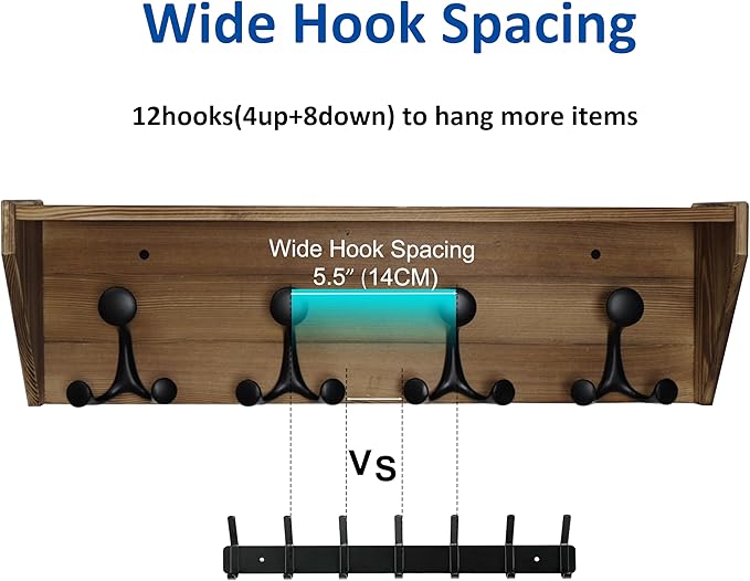 WEBI Wall Shelf with Hooks Underneath,24” Long Wall Mounted Coat Rack with Shelf,Entryway Coat Rack with 4 Triple Hooks for Hanging Coats,Jacket,Hallway,Bedroom,Mudroom,Brown