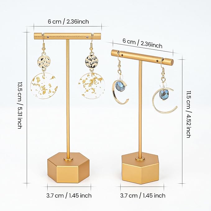 Metal Earring Stand Display Hexagon Base Earring T Bar Display Necklace Bracelet Ring Ear Studs Jewelry Display Rack for Vendors Photography and Showcase, Gold 2pcs Height 5.31" and 4.52"