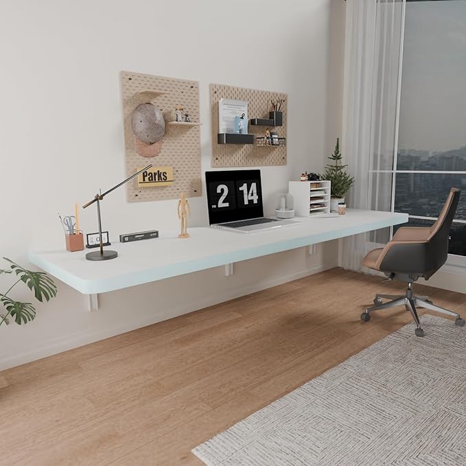 IAE Wall Mounted Folding Table with Pine Wood,55" x 16" Floating Wall Desk,Laundry Folding Table with Shelf Brackets,Fold Down Desk Shelf,Folding Workbench for Home,Dining,Laundry Room,Kitchen,White