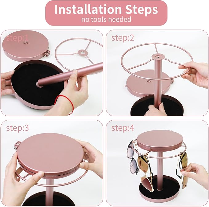 360° Rotating Sunglasses Organizer With Mirror, Metal Glasses Holder Stand, Sunglass Storage Display Eyewear Eyeglasses Rack with Tray for Desk Nightstand Dresser Table Countertop Bedroom, Rose Gold