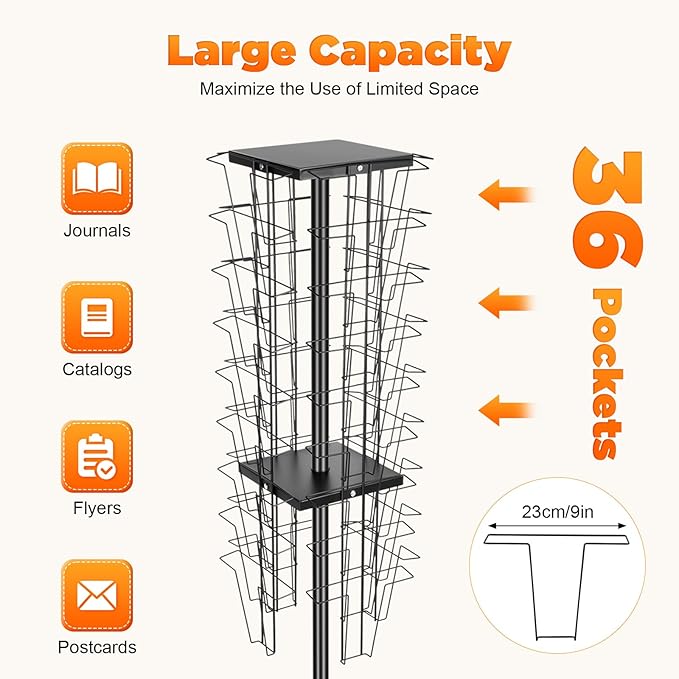 36-Pocket Rotating Magazine Rack, 360° Floor Brochure Display Stand with 132lbs Capacity, Black Modern Spinner Organizer for Retail, Office, Exhibition, Home
