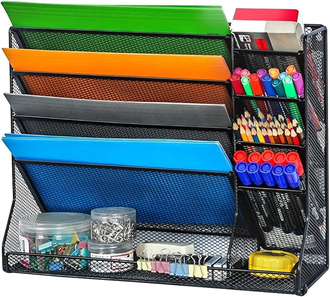 File Organizer Wall Mounted, 4 Tiers Durable Adjustable Metal Desk Organizer, Desktop Hanging File Holder with 4 Pen Slots Stable, 4 Pull-Out Divider for File, Mail, Black, Patent Pending
