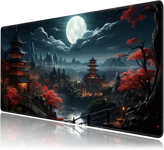 Japanese Full Moon Large Mouse Pad,Gaming Keyboard Desk Pad,Extended Mouse Mat Non-Slip Rubber Base with Stitched Edges for Office Game Home XXL 35.4"x15.7"