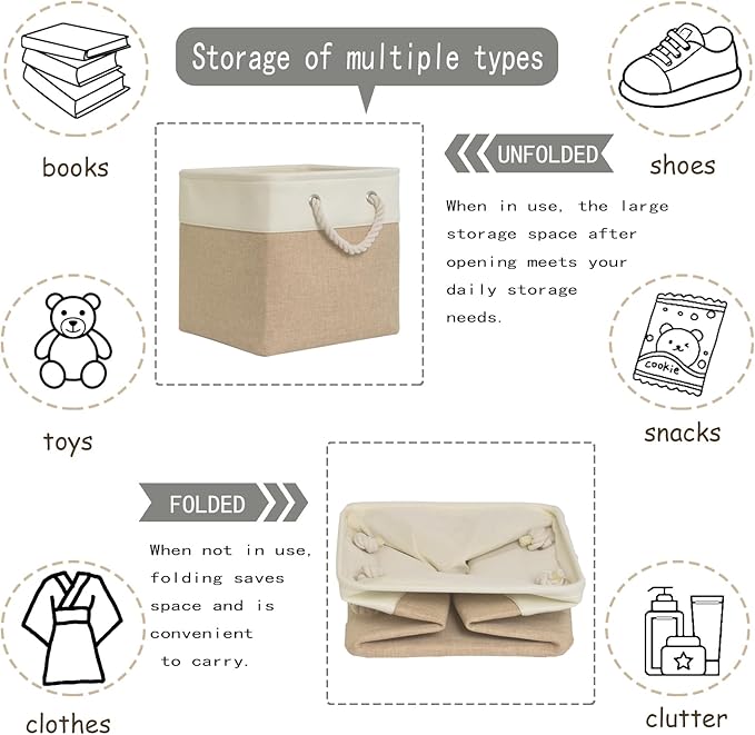 13x13x13 Storage Cubes Bins[6 Pack],Cube Storage Organizer Bins with Rope Handles, Eco-Friendly Linen Collapsible Organizers for Closet, Nursery, Toys, Office, Bathroom–Dual Color Design.(White&Khaki)