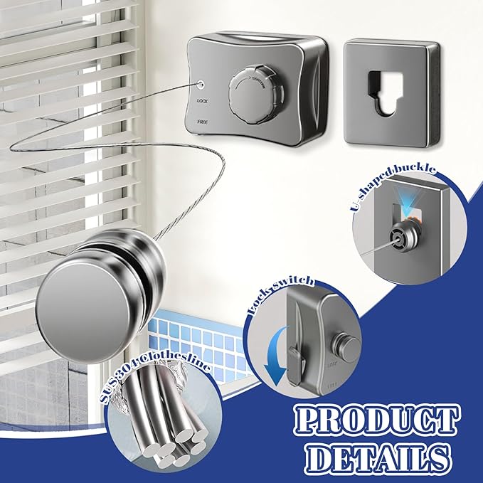 Retractable Clothesline Indoor, Non-Sagging Outdoor Clothes Line Retracting, 16.7 Ft Heavy Duty Clothes Drying Laundry Line, Wall Mounted Stainless Steel Clothesline for Balconies,Bathroom (Grey)