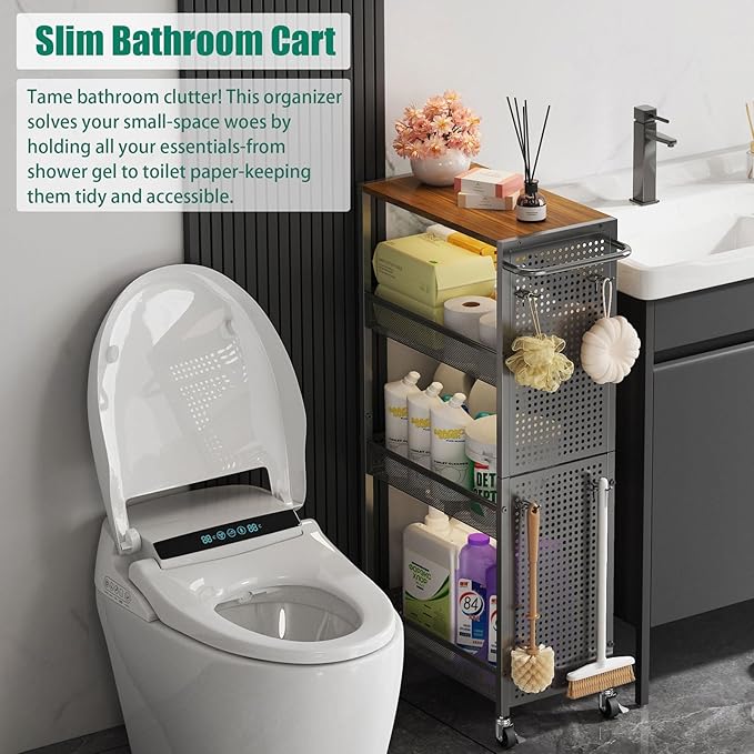 4-Tier Slim Storage Cart with Wheels,Small Mobile Organizer Shelf with Wooden Top & Metal Handle for Kitchen, Laundry Room, Bathroom, Office (Black, 9.1 inch)