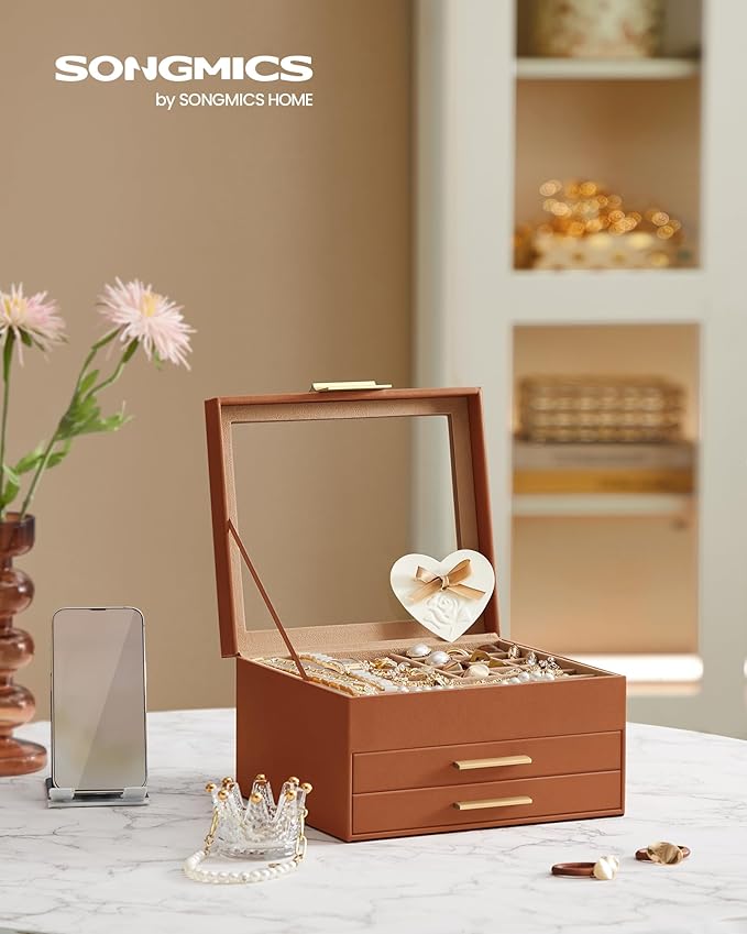 SONGMICS Jewelry Box Organizer with Glass Lid, 3-Layer Jewelry Storage, with 2 Drawers, Modern Style, Christmas Gift, 8 x 9.1 x 5.3 Inches, Caramel Brown and Gold Color UJBC239K01