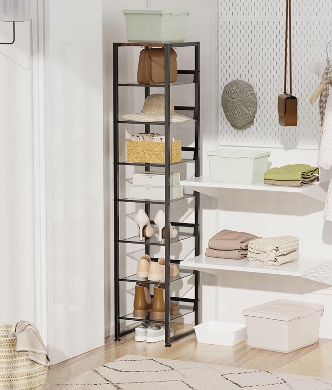 8 Tiers Vertical Shoe Rack, Corner Shoe Storage Organizer, Narrow Shoe Tower for 6 Pairs, Space Saving Sturdy Metal Shoe Shelf, Adjustable, Freestanding, for Entryway, Hallway, Living Room, Bedroom