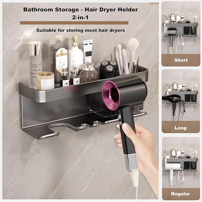 Hair Dryer Holder Wall Mounted,Blow Dryer Organizer,With shelf & individually removable Organizer box, Aluminum Blow Dryer Holder for Bathroom, Salon Organizers & Storage (Matte Grey, large)