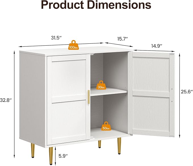 RoyalCraft 2-Door Wood Cabinet, Modern Credenza with Adjustable Shelves, Freestanding Buffet Sideboard Cabinet for Living Room, Dining Room, Entryway, White