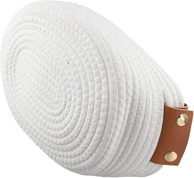 Portable Woven Cotton Rope Storage Bin with Leather Handles Desktop Storage Box Bedroom Storage Container for Toy and Small Items Storage Solution(White S)