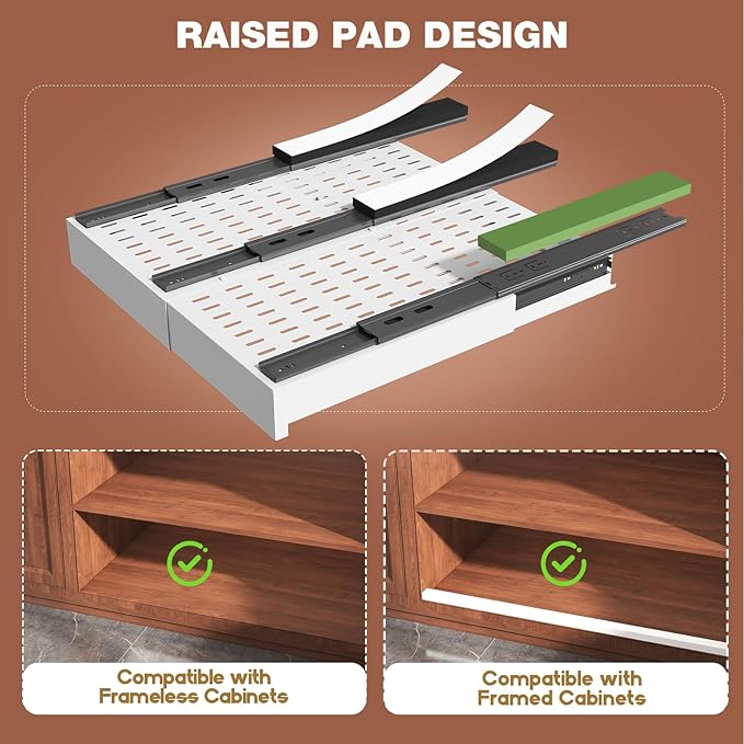 1 Pack Pull Out Cabinet Organizer Expandable Width(13"-21") and Depth(17"-24"), Slide Out Drawers With Raising Pad for Framed Cabinets, No Drill Roll Out Shelves for kitchen, Bathroom, White