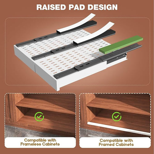 1 Pack Pull Out Cabinet Organizer Expandable Width(13"-21") and Depth(17"-24"), Slide Out Drawers With Raising Pad for Framed Cabinets, No Drill Roll Out Shelves for kitchen, Bathroom, White