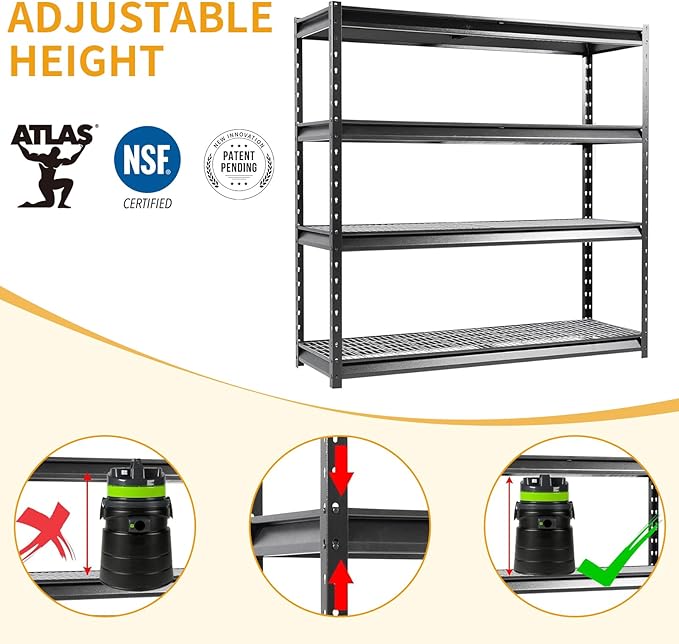 The Atlas 72" W Heavy Duty Garage Shelving Load 8000 Lbs, 4 Tier Metal Storage Shelves, Adjustable Industrial Steel Rack for Warehouse Basement Shop, 72" W x 24" D x 72" H, Black