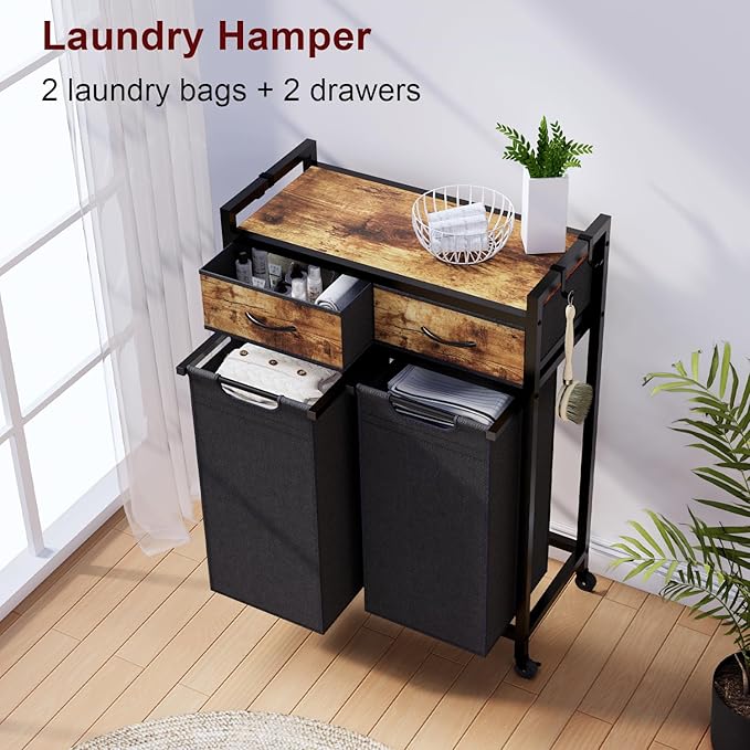 Laundry Hamper, Laundry Sorter 2 Section, Rolling Laundry Basket with Wheels, 2 Drawers, 2 × 14.5 Gal (55 L), Pull-Out and Removable Oxford Fabric Bags, Black and Rustic Brown