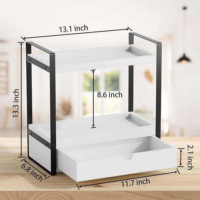 2-Tier Bathroom Organizer Countertop with Drawer, Wood Bathroom Counter Shelf for Storage, Vanity Organizer Countertop for Kitchen, Office