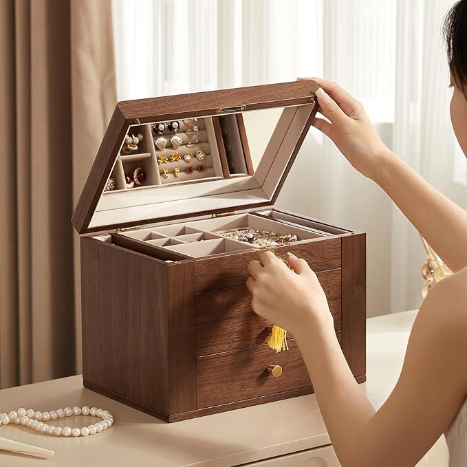CHOSIN Black Walnut Wooden Jewelry Box, 4-Layer Lockable Wood Jewelry Organizer with Mirror, Side Doors & Brass Handle, Classical Design for Rings, Necklaces, Earrings, Watches, Christmas Gifts