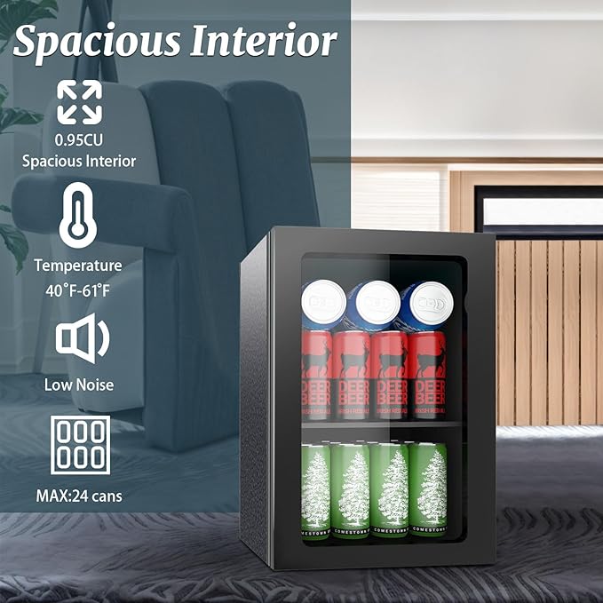 Compact Freestanding Beverage Refrigerator, 25 Can/0.95 Cubic Feet Mini Fridge with Reversible Glass Front Door for Soda, Beer or Wine, Under Counter Small Refrigerator with Adjustable Shelves
