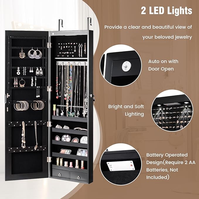 HAPPYGRILL Over the Door Jewelry Organizer, Hanging Jewelry Storage Cabinet w/Full-Length, Inner Makeup Mirror, Earring Shelves, Ring Slots, 25 Necklace Hooks, Wall Mounted Jewelry Armoire for Women