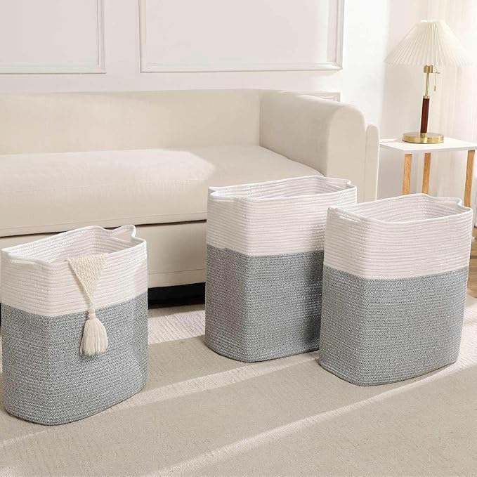 Tall Laundry Basket With Handles,Woven Cotton Rope Big Laundry Hamper Sorters,Versatile Storage for Dirty Clothes,Baby Toys,and Blankets in Bathroom, Nursery,and Living Room (Silver Gray, 50L)