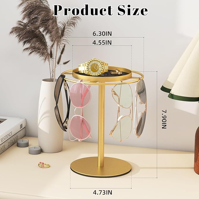 LSK Metal Sunglasses Organizer, Glasses Holder Stand with Storgae Tray, Eyeglasses Holder with Anti-Slip Pads for Tabletop, Desk, Dresser, Gold