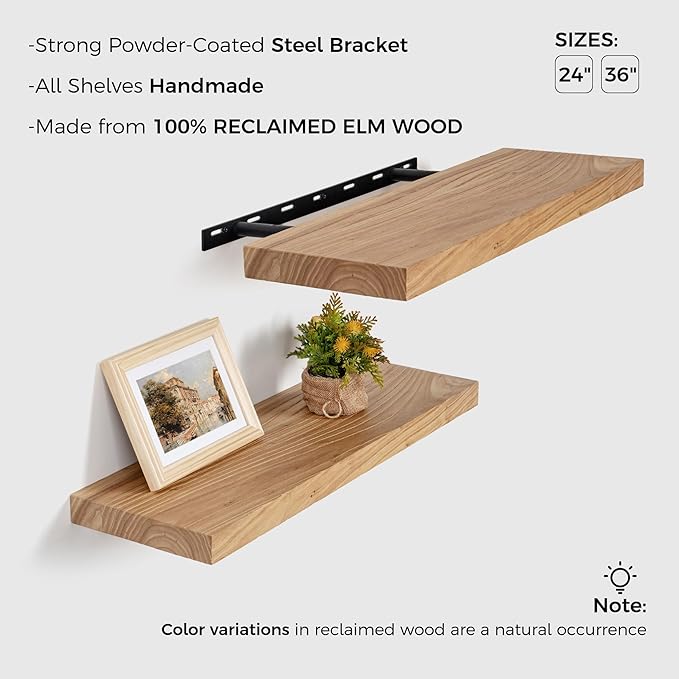 Axeman Floating Shelves for Wall, 24''W x 8'' D Rustic Solid Elm Wood Shelves for Storage, Wall Mounted Display Shelving with Invisible Heavy-Duty Metal Bracket (Natural, 2PCs)