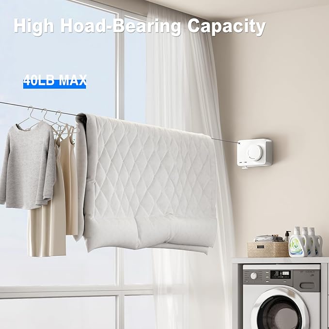 Retractable Clothesline Indoor, Non-Sagging Outdoor Clothes Line Retracting Heavy Duty Clothes Drying Laundry Line Wall Mounted Stainless Steel Line-13.8 Feets(White)