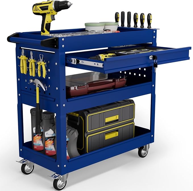3 Tier Tool Cart on Wheels with Drawers - Three Tier Rolling Cart with Lockable Storage - Mechanic Tool Chest - Tool Chest with Wheels Used in Garage, Indoors, Workshop (Blue)