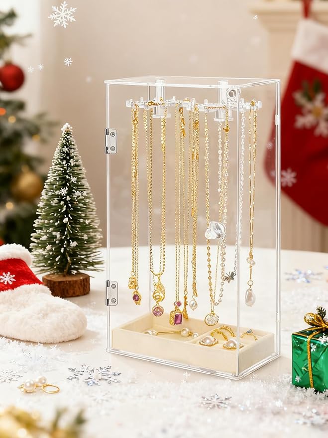 Necklace Holder, Acrylic Jewelry Organizer with 24 Hooks, Rotation Clear Necklaces Pendant Display Case Stand, Dust-proof Velvet Tray Hanging Rack Storage for Earrings Rings