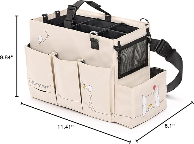 FifthStart Multiuse Cleaning Caddy with Waist & Shoulder Strap - Diaper Caddy & Beach Bag - 9 Pockets & Mesh Base - Adjustable Compartments (Beige, Small) - Cleaning Supplies Organizer