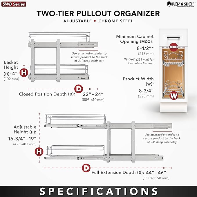 Rev-A-Shelf 2-Tier Kitchen Cabinet Pullout Shelf and Drawer Organizer Slide Out Pantry Storage Basket in Multiple Sizes, 9 x 22 In, 5WB2-0922CR-1