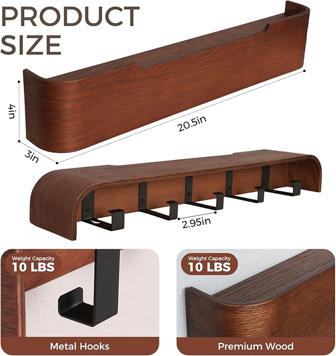 Wall Coat Rack Floating Shelves Modern Coat Rack Wall Mount with Storage Entryway Shelf Wooden Hanger 20 Inch 4 Hidden Metal Hooks for Living Room Bedroom (Walnut Color, 5 Hooks)